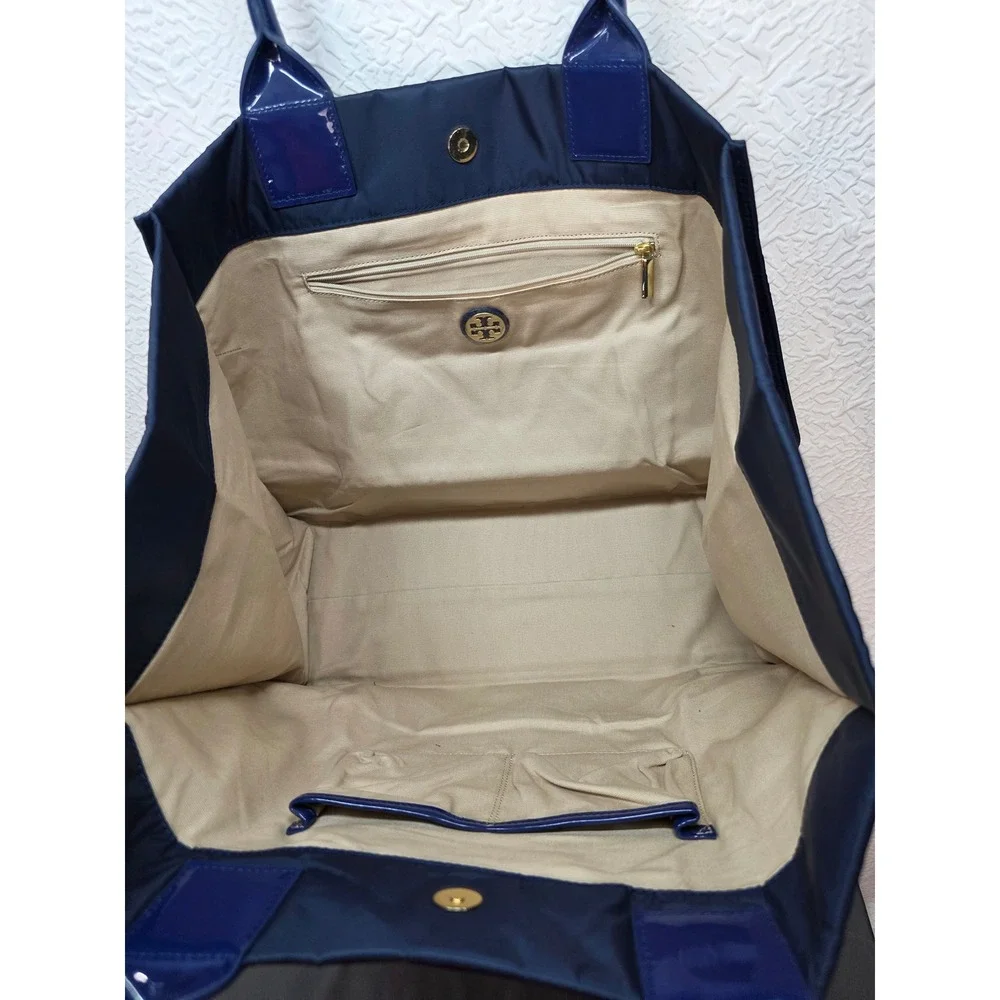 Tory Burch Ella Tote Bag Women Large Navy Blue Excellent Nylon Patent Leather